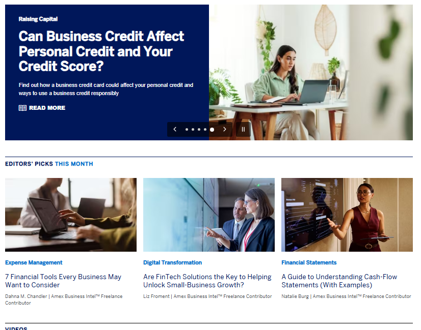 American Express Trends & Insights website featuring articles for small business owners