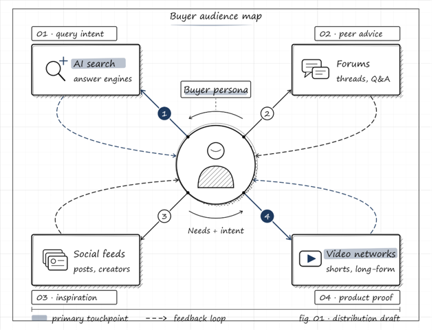 Visual map showing buyer persona research connected to multi-channel search and AI discovery.