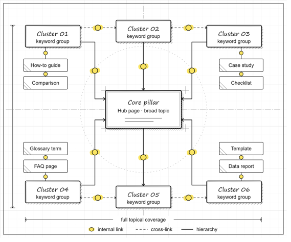 Topical authority diagram showing a core content pillar connected to supporting keyword clusters.