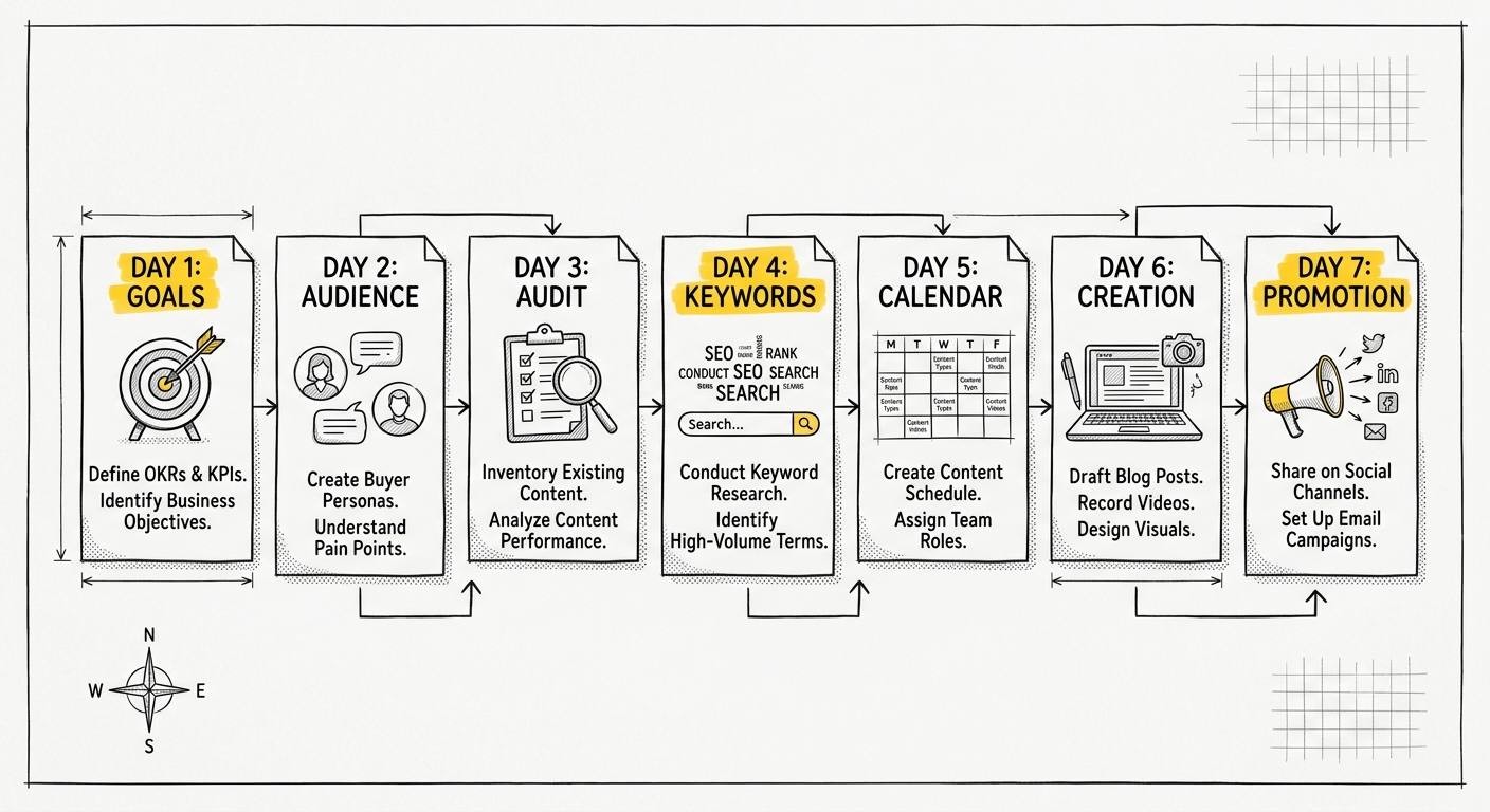 Visual depicting a 7-day content marketing roadmap blueprint.