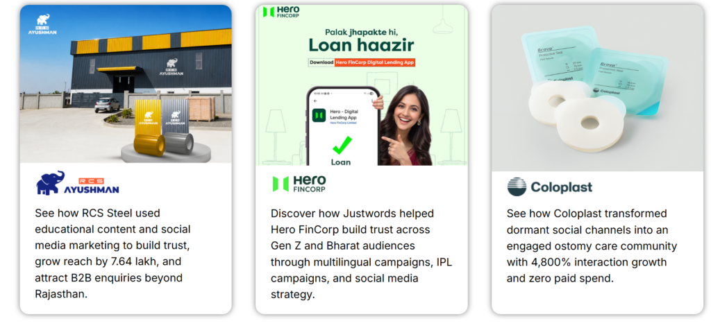 Justwords case studies highlighting content marketing success stories and business results