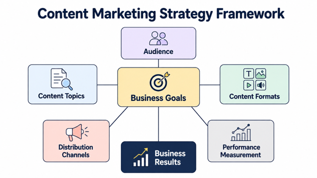 Creating more content isn’t the hard part. Creating content that consistently brings in traffic, leads, and customers is.
The difference is strategy.
Many businesses publish blogs, videos, newsletters, and social media posts regularly. But each piece is planned on its own, without a clear goal or a bigger plan. As a result, they end up with a lot of content but very little business impact.
A content marketing strategy helps you avoid that. It gives you a clear direction on who you are creating content for, what topics to focus on, which channels to use, and how each piece of content supports your business goals. It also helps you measure what is working so you can improve over time.
At Justwords, we have been building content strategies for businesses across B2B and B2C industries for more than a decade. While every business needs a strategy tailored to its goals, the process of building one is surprisingly straightforward.
In this guide, we have broken that process down into 8 practical steps. So, if you are creating your first content strategy or even improving an existing one, this framework will help you build a plan that is clear, realistic, and focused on results.
Let’s get started.

Alt Text: Content marketing strategy framework showing how goals, audience, content, distribution, and measurement work together to drive business results.

Key Takeaways
●	Turn business goals into a content strategy by aligning every piece of content with audience needs, search intent, and funnel stage.
●	Find content opportunities using competitor keyword gaps, CPC data, AI Overviews, and real customer questions.
●	Build a workflow that covers planning, publishing, repurposing, and distribution so content keeps generating value after it goes live.
●	Measure success with the right KPIs and quarterly content audits to improve existing content instead of constantly creating new pieces.

What Is a Content Marketing Strategy?
A content marketing strategy is a documented plan that answers 5 questions:
●	Why are you creating content? (Your goals)
●	Who are you creating it for? (Your audience)
●	What are you creating? (Formats and topics)
●	Where will it be published and distributed? (Channels)
●	How will you measure whether it is working? (KPIs)
Without clear answers to all five, you are not doing content marketing. You are just publishing.
A content strategy is not the same as a content calendar. A calendar tells you when things go live. A strategy tells you why they should exist at all, who they are for, and what you expect them to do for the business. The calendar is an output of the strategy, not a substitute for it.

Alt Text: Comparison of a content marketing strategy and a content calendar, highlighting goals, audience, channels, KPIs, and publishing schedule.

Why a Documented Content Strategy Is Non-Negotiable Now
Among B2B marketers who rate their strategy as moderately effective or worse, 42% attribute that in part to a lack of clear goals (Content Marketing Institute). The second most common reason for underperformance is a lack of resources, but the third is almost always the absence of a documented plan that connects content output to business outcomes.
Brands with a documented distribution strategy are 3 times more likely to see strong results than those that just publish without a plan.
In 2026, the case for documentation is even stronger than it was three years ago. AI-generated content has made the internet significantly noisier. Teams seeing the most consistent results are also the ones that are tracking outcomes. 
81% of B2B marketers say measuring content performance is a top priority, with traffic, bounce rates, and return visits guiding future content decisions. Without a documented strategy, there is nothing to measure against, and nothing to improve.
At Justwords, almost every client that comes to us having already tried content marketing without results has the same story: they published consistently for a few months, saw limited traction, and stopped. 
In most cases, the problem was the absence of a strategy. No defined audience, no keyword research, no distribution plan, no measurement. The content existed but had no system behind it.

The 8-Step Content Marketing Strategy Framework

Alt Text: 8-step content marketing strategy framework covering goals, audience, content types, keyword research, topic selection, content calendar, distribution, and measurement.

Step 1: Define Your Goals
Goal-setting does not have to be complicated. What matters is that your goals are specific, measurable, and tied to a real business outcome.
Usually marketers measure the effectiveness of their content marketing strategy through sales. And that is the right instinct. Every content goal should trace back to a business result (traffic, leads, conversions, or revenue) even when the content itself is awareness-focused.
Use the SMART framework to build your goals:
●	Specific: Narrow enough that you know exactly what you are aiming for.
●	Measurable: Attached to a number you can track.
●	Actionable: Achievable with the resources you have or plan to have.
●	Relevant: Connected to actual business priorities.
●	Time-bound: With a clear deadline.
Examples of well-formed content marketing goals:
●	Grow organic website traffic by 40% in 6 months.
●	Generate 50 qualified inbound leads per month from blog content by Q4.
●	Rank in the top 3 positions for 10 high-priority keywords within 12 months.
●	Reduce paid acquisition cost by building organic conversion-focused content over 18 months.
One goal per campaign phase is enough. Trying to achieve brand awareness, lead generation, and retention simultaneously with the same content, without clearly distinguishing them, leads to content that does none of those things particularly well.

Step 2: Define Your Target Audience
Content that tries to speak to everyone speaks to no one. The sharper your audience definition, the more directly useful your content becomes and directly useful content is what earns traffic, trust, and conversions.
If you do not yet have a clearly defined audience, build a buyer persona (a detailed description of the type of person most likely to buy from you). Go beyond demographics. Include their challenges, their information consumption habits, their preferred channels, and most crucially what they are trying to achieve when they search for content in your category.
A practical buyer persona template:
Attribute	Description
Age/role	e.g. Marketing manager, 32–45
Industry/context	e.g. B2B SaaS, 50–200 employees
Primary challenge	e.g. Not generating enough qualified inbound leads
Goal	e.g. Build a content programme that reduces dependence on paid
Content consumed	e.g. Long-form blog posts, LinkedIn, industry newsletters
Preferred channels	e.g. Google, LinkedIn, email
What they distrust	e.g. Generic advice, agencies that do not understand their sector
The buyer persona is a content brief that applies to every piece you create. Every topic, every format, every headline should be filtered through the question: does this serve the specific person described here?
What we have seen at Justwords is that the most useful buyer personas are built from real conversations. Talk to your sales team about the questions they hear most in initial calls. Talk to existing clients about what they were searching for before they found you. That intelligence is worth more than any demographic profile.

Step 3: Decide What Type of Content to Create

Alt Text: Content types mapped across the buyer journey from awareness and consideration to decision and customer retention. 

Once you know your audience and your goals, you can make an informed decision about which content formats to invest in. This decision should be driven by three factors:
1.	Where your audience is in the buyer journey: Different stages require different content types. Awareness content (informational blog posts, short-form video, infographics) serves people who are just beginning to research a problem. Consideration content (case studies, comparison guides, webinars) serves people evaluating options. Decision content (testimonials, pricing pages, product demos) serves people ready to buy.
2.	What your audience prefers: B2C content marketers primarily invest in social media and community building, with other important areas including content quality improvement, audience research, video content, and SEO. B2B audiences, by contrast, tend to respond to long-form written content, research reports, and case studies. So, always know which camp your audience sits in.
3.	What you can create consistently at quality: A video strategy that you can only sustain for two months is worse than a blogging strategy you can sustain for two years. Choose content formats based on realistic resource availability, not aspirational ambition.
Matching content types to funnel stages:
Funnel Stage	Goal	Content Types
Awareness (TOFU)
Discovery and education	Blog posts, infographics, short-form video, podcasts
Consideration (MOFU)
Evaluation and comparison	Case studies, long-form guides, webinars, white papers
Decision (BOFU)
Conversion	Testimonials, product demos, pricing pages, comparison pages
Retention	Loyalty and repeat purchase	Email newsletters, tutorials, community content

Step 4: Do Your Keyword and Topic Research
This is where strategy becomes executable. Keyword research identifies what your audience is actively searching for, which is the only sustainable basis for a content programme that drives organic traffic.
The goal is to find keywords with meaningful search volume, manageable difficulty for your current domain authority, and clear intent alignment with your content goals. Here is the research process we use:
1.	Start with competitor analysis: Enter your top three to five competitors into a keyword tool (Ahrefs, Semrush, or Moz) and review the keywords they rank for. Identify gaps (keywords competitors rank for that you do not). These are your highest-priority opportunities.

Alt Text: Ahrefs Site Explorer showing the organic keywords a competitor ranks for to identify content opportunities.

2.	Find low-competition, high-intent keywords: Look specifically for keywords with reasonable search volume and a difficulty score achievable at your current authority level. Long-tail keywords (3–5 words, specific intent) are consistently undervalued and overperform for conversion.

Alt Text: Ahrefs Top Pages dashboard showing the highest-performing pages on a competitor's website based on estimated organic traffic.

3.	Target CPC keywords for BOFU content: Keywords that competitors are bidding on in paid search are high-intent terms with proven commercial value. If you can rank organically for these terms, you capture qualified traffic without ongoing ad spend.

Alt Text: Google Ads Keyword Planner displaying keyword ideas, search volume, competition, and bid estimates for content planning.

4.	Find AI Overviews opportunities: Check which SERP features your competitors own (e.g., AI Overviews, People Also Ask boxes). These placements are winnable regardless of your overall domain authority if your content directly answers the query in the right format.
5.	Fill your content gap: Use Ahrefs’ Content Gap tool (Site Explorer → your domain → Content Gap → add competitor domains) to find keywords they rank for that you have no content covering. These are your most direct organic growth opportunities.

Alt Text: Ahrefs keyword research dashboard showing search volume, keyword difficulty, and other data.

6.	Mine communities for real audience language: Quora, Reddit, and industry forums reveal exactly how your audience articulates their problems. Learn the language that keyword tools miss but creates genuinely resonant content titles.
7.	Refurbish before you create new: Before building new content, audit what already exists. Blog posts that ranked previously but have lost traffic often recover faster with an update and re-optimisation than a new post on the same topic would. Updating old blog posts with new statistics and examples improved traffic by 35% in documented cases. Your existing content library is an underused asset.

Alt Text: Examples of keyword modifiers such as best, how to, vs, buy, and pricing used to target different search intent.

Step 5: Choose the Right Topics
Keywords give you the raw material. Topics are how you turn that material into content that actually earns traffic and trust.
Good topic selection serves two purposes simultaneously. It captures search demand (by targeting the right keywords) and it serves audience intent (by genuinely answering what the reader came to find). Topics that do only one of these underperform.
How to build a high-quality topic list:
1.	Answer bottom-of-funnel questions first: Your sales team knows exactly what questions prospects ask before making a decision. These questions map directly to high-intent, transactional content that drives conversions, not just traffic. These topics may have lower search volume than awareness keywords, but the traffic they attract converts at significantly higher rates.
2.	Build topical clusters: For every core topic in your niche, there is a cluster of related subtopics. Publishing a pillar post on the main topic, supported by cluster posts on related subtopics, builds topical authority faster than a series of disconnected articles. Google rewards depth of coverage in a topic area.
3.	Look for topics triggering SERP features: Identify which keywords in your research generate AI Overviews or People Also Ask boxes. Structure your content specifically to capture these placements. They can generate visibility and clicks even when you are not ranking in position one.

Alt Text: Google search results displaying AI Overviews for a search query.

4.	Pick topics that demonstrate your specific expertise: Some topics are covered so comprehensively by major publications that ranking is unrealistic without significant domain authority. Find the subtopics and angles where your first-hand experience gives you something to say that general content cannot.

Alt Text: Diagram showing a main topic connected to multiple subtopics to illustrate topic clusters and comprehensive content planning.

Also Read: How to Find Low-Hanging Content Ideas from All Over Web? 

Step 6: Build Your Content Calendar
A content calendar is the operational bridge between your strategy and your publishing schedule. Its purpose is to keep your content programme organised, consistent, and aligned with business priorities.
But remember, a content calendar without strategy behind it is just a schedule. A content calendar built from the keyword research, audience definition, and topic prioritisation in the steps above is a compounding asset.
What a useful content calendar includes:
●	Topics and working titles for each piece
●	Target keyword for each piece
●	Content format (blog post, video, infographic, email, etc.)
●	Funnel stage it is designed to serve (TOFU, MOFU, BOFU)
●	Assigned writer and editor
●	Draft deadline and publish date
●	Distribution plan per piece (which channels, which formats it will be repurposed into)
●	Status tracking (briefed → in draft → in review → scheduled → live)
How far ahead to plan: Start with one month. Once your production process is stable, extend to a rolling three-month plan. Any further ahead and the plan starts to drift from what is actually relevant. Search trends shift, news cycles change, and topics that seemed important in January may be irrelevant by March.
On posting frequency: Publish as consistently as quality allows. 7.5 million blog posts are published every day, which means frequency without quality will remain invisible. One well-researched, properly optimised post per week, published consistently, will outperform three thin posts per week over any meaningful time horizon. So, set a cadence you can sustain.
We have seen content calendars of several clients fail because they were built for an idealised team, not the actual team. If you have one content writer working part-time, a calendar that demands eight posts a week will collapse within a month. Build the calendar around your real capacity, then scale once the process is proven.

Step 7: Build Your Content Distribution Plan
This is where most content marketing programmes fall apart. Content does not distribute itself. Publishing a post and hoping Google finds it is just optimism.
Brands with a documented distribution strategy are 3x more likely to see strong results than those that just publish and forget. Every piece of content you create should have a defined distribution plan before it goes live.

Alt Text: Content distribution strategy showing how one blog post is repurposed across email, social media, search, backlinks, and other channels.

The core distribution channels to build around:
●	Email to your subscriber base: Your email list (people who have already chosen to hear from you) is your highest-converting distribution channel. Send every significant piece of content to your list with a compelling subject line and a brief summary that earns the click. Make sure your email content is high quality; subscribers who open your email and find weak content become non-openers.
●	Organic social media: Do not post a link and move on. A single blog post should generate multiple social posts (different angles, different formats, distributed over weeks). A key statistic one day. A counterintuitive insight the next. A question directed at your audience the week after. Each post should be adapted to the platform’s native format and tone.
●	SEO and backlinks: Strong content earns backlinks over time, but you can accelerate this. Submit content to relevant online communities (Reddit, Quora, LinkedIn groups, industry forums) when it genuinely answers questions being asked there. Reach out to sources you cited in the article and let them know you referenced their work. Guest post on publications your audience reads, linking back to your best content.
●	Repurpose across formats: A blog post becomes a LinkedIn carousel. An interview becomes a podcast episode and a short video clip. A data-heavy report becomes an infographic. Every format reaches a different segment of your audience in a different context. Data says short-form video content delivers the best ROI, which means if your primary content output is written, you are leaving reach on the table by not adapting it into video.
●	Paid amplification for your best content: A small paid budget on Facebook, Instagram, or LinkedIn to boost proven content is a good distribution strategy. It puts your content in front of audiences who would not have discovered it organically, without requiring the ongoing spend that pure paid advertising demands. Use it to amplify content that is already performing well organically, not to test whether content will resonate.
●	Influencer and partner outreach: Identify 3–5 people in your network or industry who would genuinely find the content useful and reach out personally. A relevant share from a credible voice in your niche is worth more than a hundred automated social posts.
Also Read: Best Platforms for Content Distribution in 2026 

Step 8: Track Your Results
Measurement is what separates a content strategy from a content experiment. Without tracking, you cannot know what is working, what to do more of, or where to cut losses.
The core metrics to track by goal:
Goal	Primary Metric	Secondary Metrics
Organic traffic growth	Organic sessions (GA4)	Keyword rankings, impressions
Lead generation	Goal conversions/form fills	Landing page conversion rate
Engagement and authority	Average time on page, scroll depth	Returning visitors, backlinks earned
Content-attributed revenue	Assisted conversions	Pipeline influenced by content
Email distribution	Open rate, click-through rate	Unsubscribes, list growth
Where to look:
●	Google Analytics 4 is the primary tool for understanding how content is performing on your website (traffic sources, page views, average engagement time, and conversion events). Set up goal tracking before your content goes live so you are measuring from day one, not retrospectively.

Alt Text: Google Analytics 4 dashboard showing website traffic, user engagement, and content performance metrics.

●	Google Search Console is essential for tracking organic performance. You can track which keywords your content is ranking for, how many impressions it is generating, and what your click-through rate is from search. Review this monthly to identify content pieces that rank but do not convert (CTR problem) and pieces that get clicks but do not rank high enough (optimisation opportunity).
●	Platform analytics for each social channel and email platform give you content-specific engagement data that GA4 cannot. You can learn which specific posts drove clicks, which email subject lines earned opens, and which social formats drove profile visits.
●	UTM parameters on every link you distribute outside your own website. Without UTM tagging, GA4 cannot distinguish between traffic from your email newsletter and traffic from a LinkedIn post. Tag everything so your attribution data is accurate.
What to review and when:
●	Weekly: Content publication on schedule? Any immediate performance signals from recently published pieces?
●	Monthly: Organic traffic trends, keyword ranking changes, email performance, social distribution results. Identify the top three performing pieces and why they worked.
●	Quarterly: Full content audit. Which pieces are driving the most traffic, leads, and conversions? Which are underperforming? Update high-potential pieces that have lost rankings. Cut or consolidate thin content that is not earning its place.
From our experience as a content marketing agency, the quarterly content audit is the single most underused step in content strategy. Most brands publish forward and never look back. But a blog post that ranked on page one 18 months ago and has slipped to page 3 does not need a replacement; it needs an update. Refreshing and republishing high-potential older content consistently delivers faster traffic recovery than producing new posts on the same topic.

Content Marketing Strategy Template: The One-Page Summary
Before you build your full strategy document, complete this single-page summary. If you cannot fill it in, you are not ready to publish content yet.
Section	Your Answer
Primary goal	e.g. Grow organic leads by 50% in 12 months
KPI	e.g. Monthly inbound leads from organic content
Target audience	e.g. Marketing managers at B2B SaaS companies, 50–200 employees
Primary content type	e.g. Long-form SEO blog posts
Secondary content type	e.g. LinkedIn carousels repurposed from blog content
Primary distribution channel	e.g. Organic search + email newsletter
Publishing frequency	e.g. 2 blog posts per week
Keyword strategy	e.g. Targeting 20 priority keywords in first 3 months
Review cadence	e.g. Monthly analytics review + quarterly audit
Who owns it	e.g. Content lead + SEO manager

Wrapping Up
Remember that content marketing is a long-term game. And content marketing without a strategy is the most common reason content programmes fail (not poor writing, not insufficient budget, not the wrong platform). It’s the absence of a documented plan that connects what you publish to why you are publishing it.
The 8 steps above give you that plan. Work through them in order. Document the outputs. Build the calendar from the research. Distribute every content piece deliberately. And measure monthly, so you know what to do more of and what to stop.
If you want help building or auditing a content marketing strategy for your business, the Justwords team has been doing this for over 16 years across B2B and B2C. Talk to us, and we will help you build something that actually compounds.

FAQs
How long does it take to build a content marketing strategy?
A working content marketing strategy can be built in a week if you have access to the right tools and data. The SMART goals, buyer personas, keyword research, and content calendar can all be produced in that timeframe. What takes longer (typically 3–6 months) is seeing the strategy produce measurable results in organic traffic and leads.
What are the most important elements of a content strategy?
The non-negotiables elements of a content strategy are: defined audience (who you are writing for), keyword research (what they are searching for), funnel mapping (which content serves which stage of the buyer journey), a documented publishing calendar, a distribution plan, and a measurement framework. Remove any one of these and the strategy has a structural gap.
How often should I publish content?
Consistency matters more than frequency. One high-quality, well-optimised post per week published consistently for 12 months will outperform a burst of daily publishing followed by a 3-month content drought. Set a frequency your team can sustain at quality, then scale once the production process is stable.
What is a content strategy framework?
A content strategy framework is the structural model that organises your content creation and distribution decisions. The most widely used framework is the pillar-cluster model: one comprehensive pillar page covering a core topic, supported by cluster posts on related subtopics. This structure builds topical authority faster than isolated articles and signals to search engines that your site has depth of expertise in a given area.
Do I need a content marketing strategy if I am a small business?
Yes, arguably more so. A small business cannot afford to publish content that does not compound toward a goal. A documented strategy, even a simple one-page version, ensures every piece of content you produce serves a clear purpose and audience. Small businesses that are most successful with content marketing are typically the ones that focus on a narrow topic area, build deep expertise in that area, and distribute consistently to a defined audience rather than trying to cover everything for everyone.
