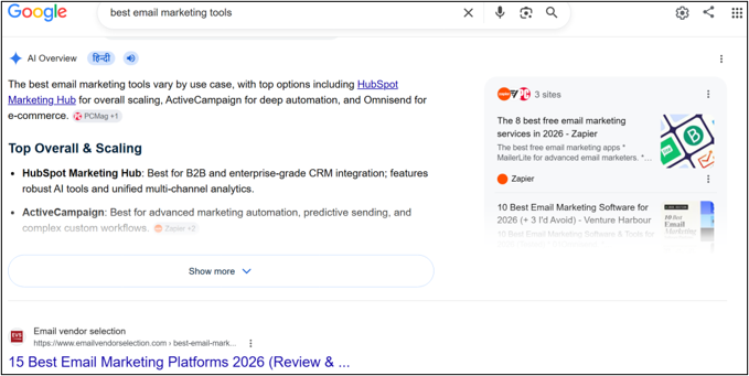 Google search results displaying AI Overviews for a search query.