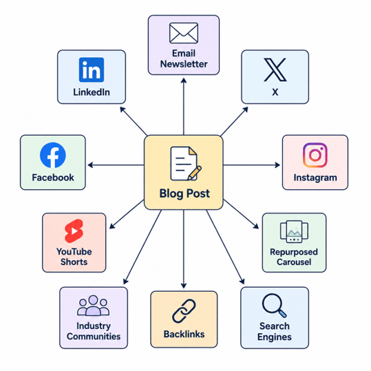 Content distribution strategy showing how one blog post is repurposed across email, social media, search, backlinks, and other channels.