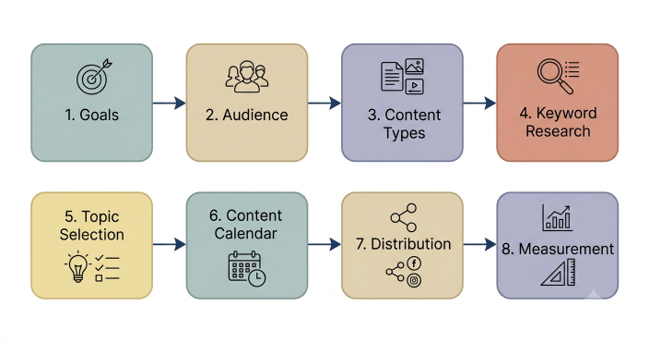 8-step content marketing strategy framework covering goals, audience, content types, keyword research, topic selection, content calendar, distribution, and measurement.