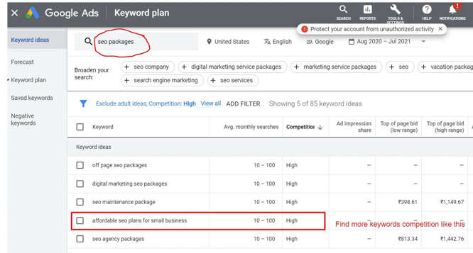 Google Ads Keyword Planner displaying keyword ideas, search volume, competition, and bid estimates for content planning.