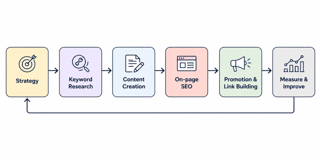 Workflow showing strategy, keyword research, content creation, SEO optimisation, promotion, and continuous improvement.