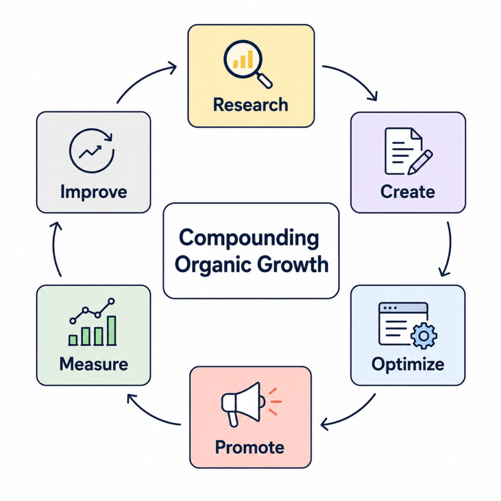 Circular framework illustrating how research, content creation, optimisation, promotion, measurement, and iteration drive long-term organic growth.