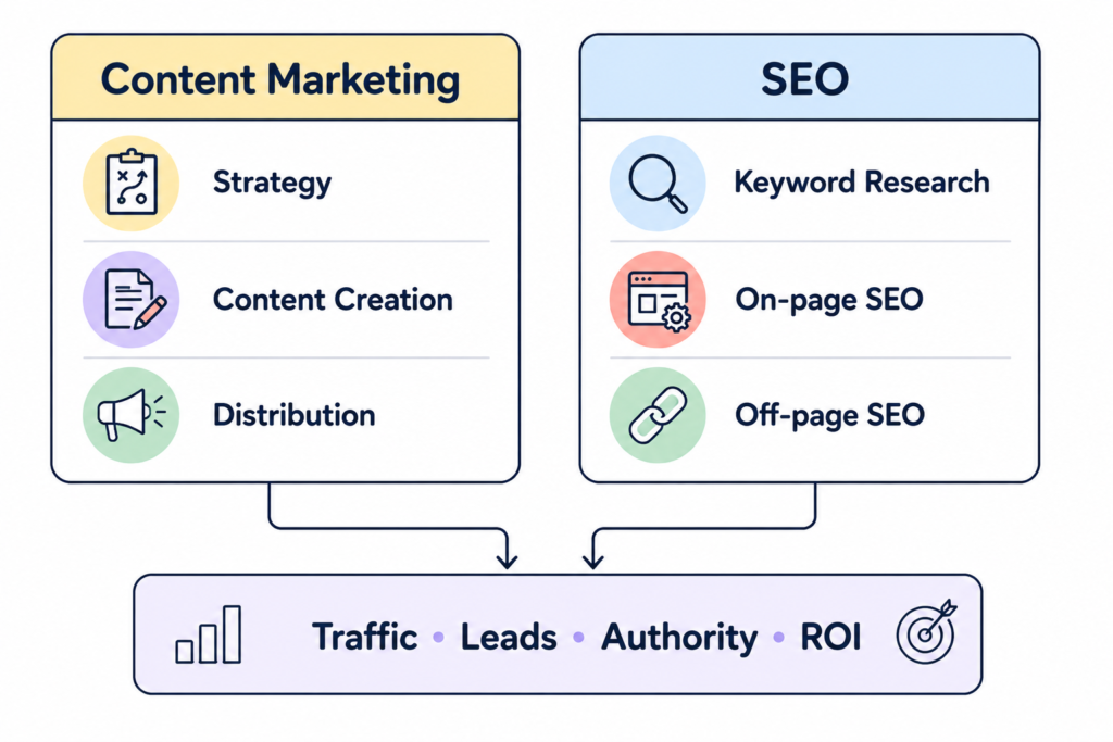 Diagram showing how content marketing and SEO work together to drive organic traffic, leads, authority, and long-term ROI.