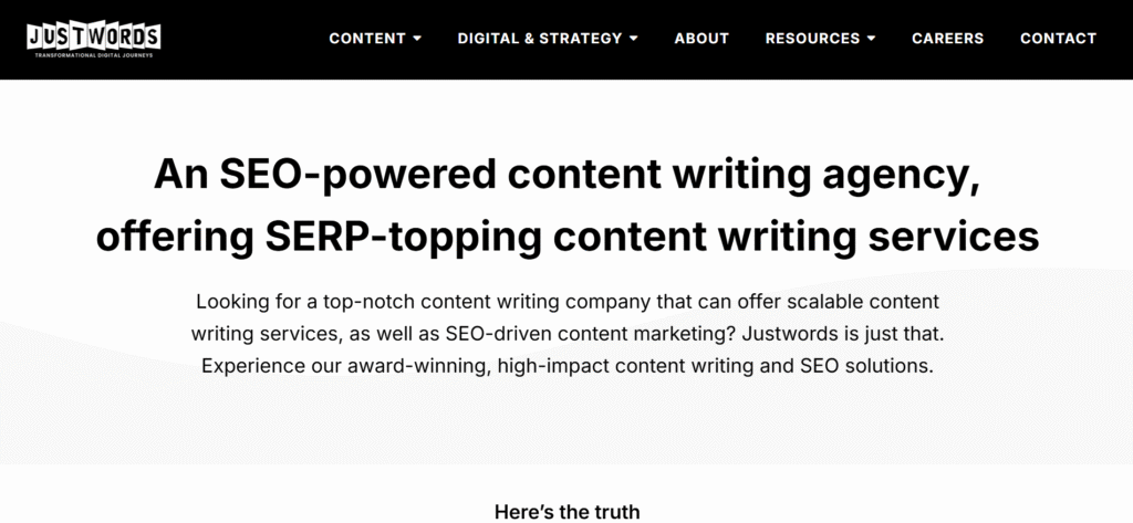 Justwords homepage