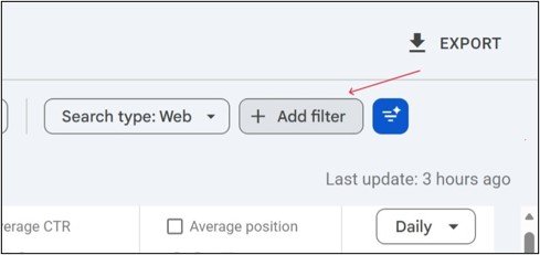 Google Search Console screenshot showing Add Filter under Search Results tab