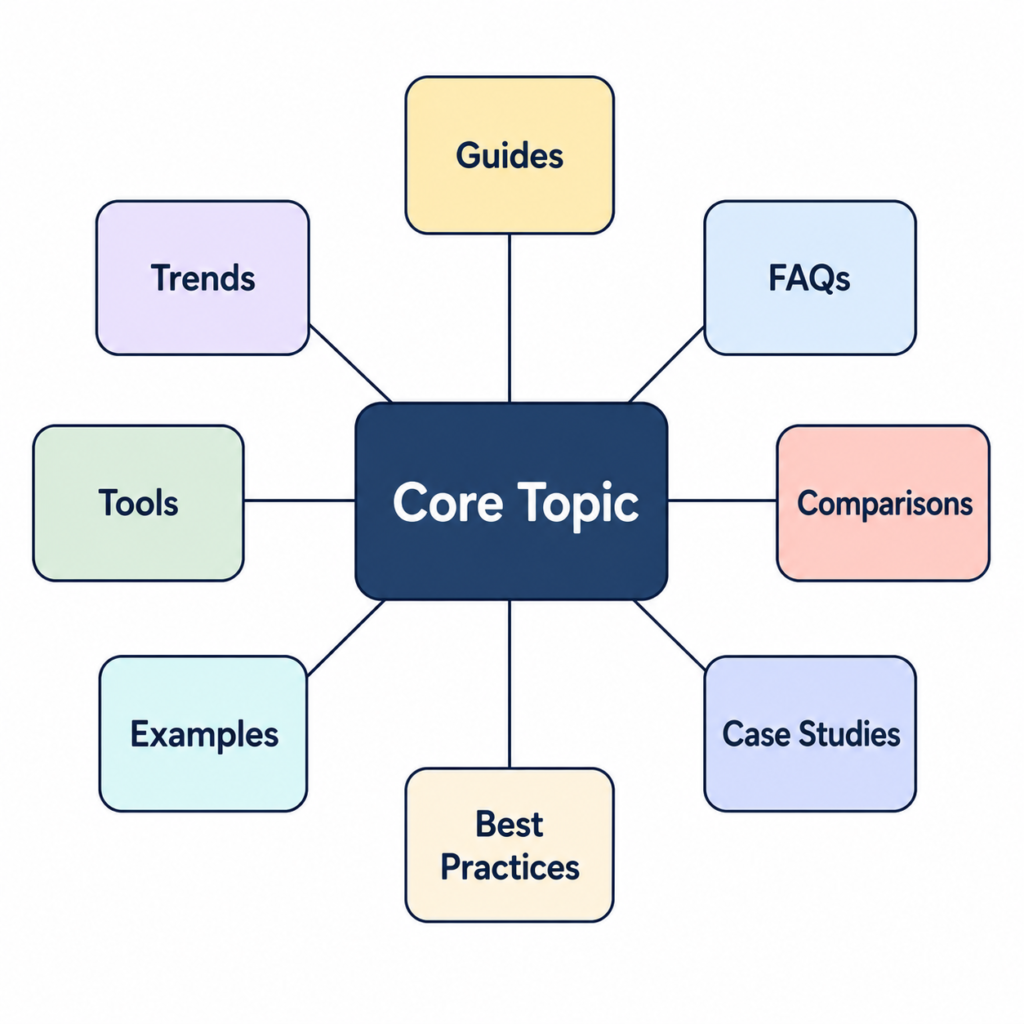 Central topic connected to eight related content pages.