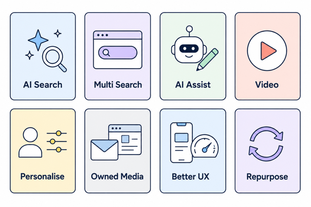 Grid of eight connected content marketing strategy cards.