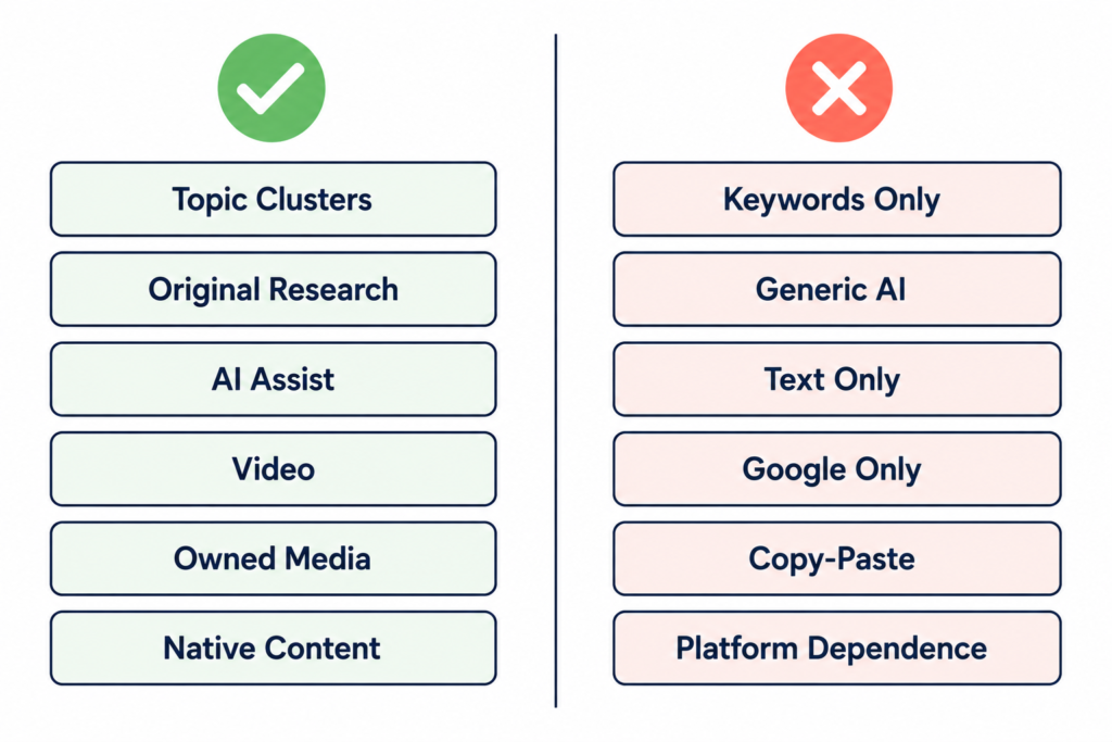 Side-by-side comparison of effective and outdated content practices