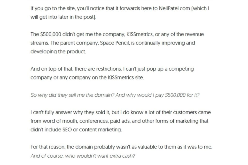  Neil Patel shares his personal experience purchasing a domain in his blog post titled 