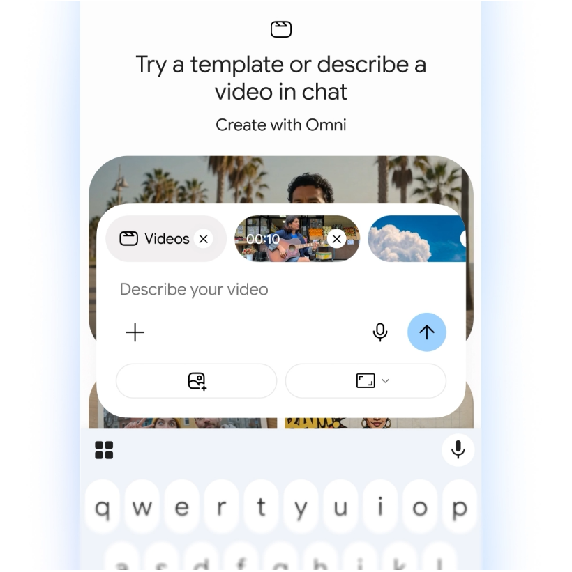 Gemini mobile interface showing the “Create with Omni” video generation tool and chat prompt Gemini mobile interface showing the “Create with Omni” video generation tool and chat prompt