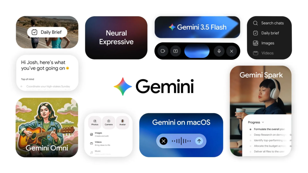 Graphic showing Google Gemini’s agentic features from Google I/O 2026, including Gemini 3.5 Flash, Gemini Spark, and Gemini Omni. Graphic showing Google Gemini’s agentic features from Google I/O 2026, including Gemini 3.5 Flash, Gemini Spark, and Gemini Omni.