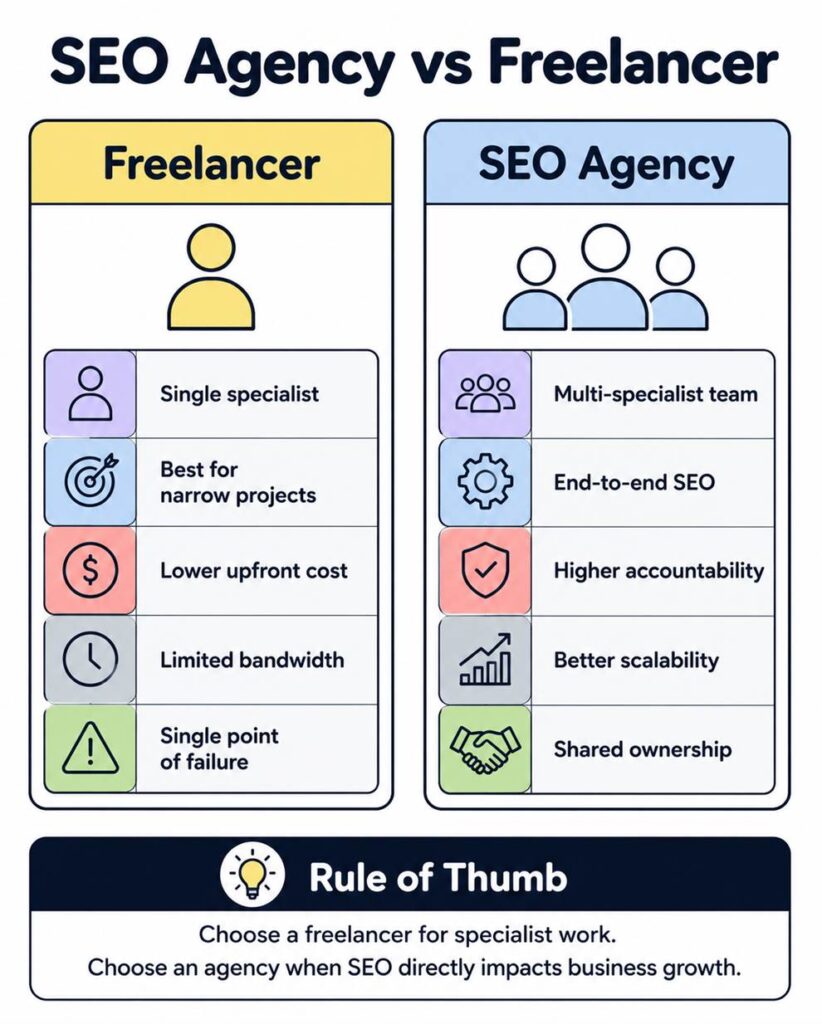 infographic comparing SEO agency and freelancer
