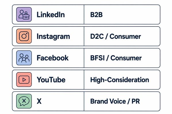 Illustration showing social media platform selection for businesses: LinkedIn for B2B, Instagram for D2C, Facebook for BFSI and consumer brands, YouTube for high-consideration categories, and X for brand voice and PR