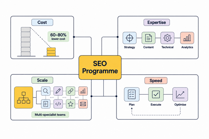 SEO outsourcing operating model showing how an Indian SEO team provides cost efficiency, specialist expertise, scalable execution, and faster delivery