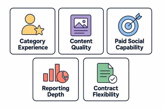 Illustration showing five factors to evaluate a social media marketing agency: category experience, content quality, paid social capability, reporting, and contract flexibility