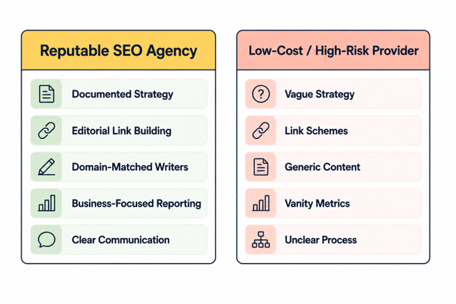 Reputable SEO agency compared with a low-cost, high-risk provider.