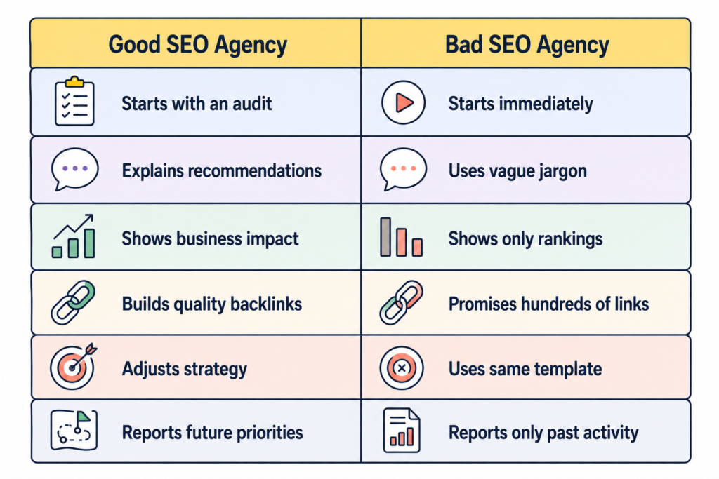 Comparison table highlighting the differences between a good SEO agency and a poor SEO agency across strategy, reporting, link building, communication, and results.