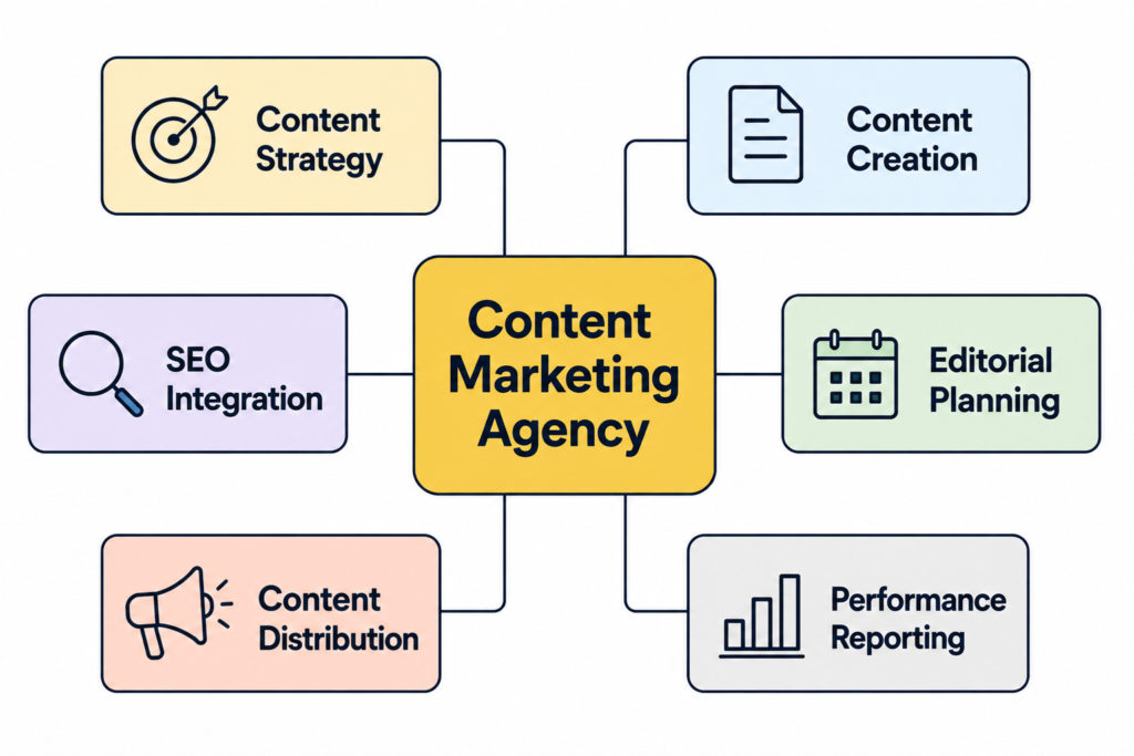 Content marketing agency services framework showing strategy, content creation, SEO, editorial planning, distribution, and reporting.