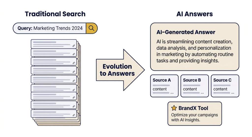 Illustration showing the shift from traditional search results to AI-generated answers