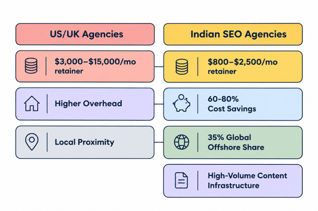 Comparison matrix of US/UK agencies ($3K–$15K/mo) versus Indian agencies ($800–$2,500/mo) highlighting 60–80% cost savings.