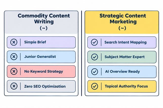 Comparison matrix contrasting commodity content writing against strategic content marketing.