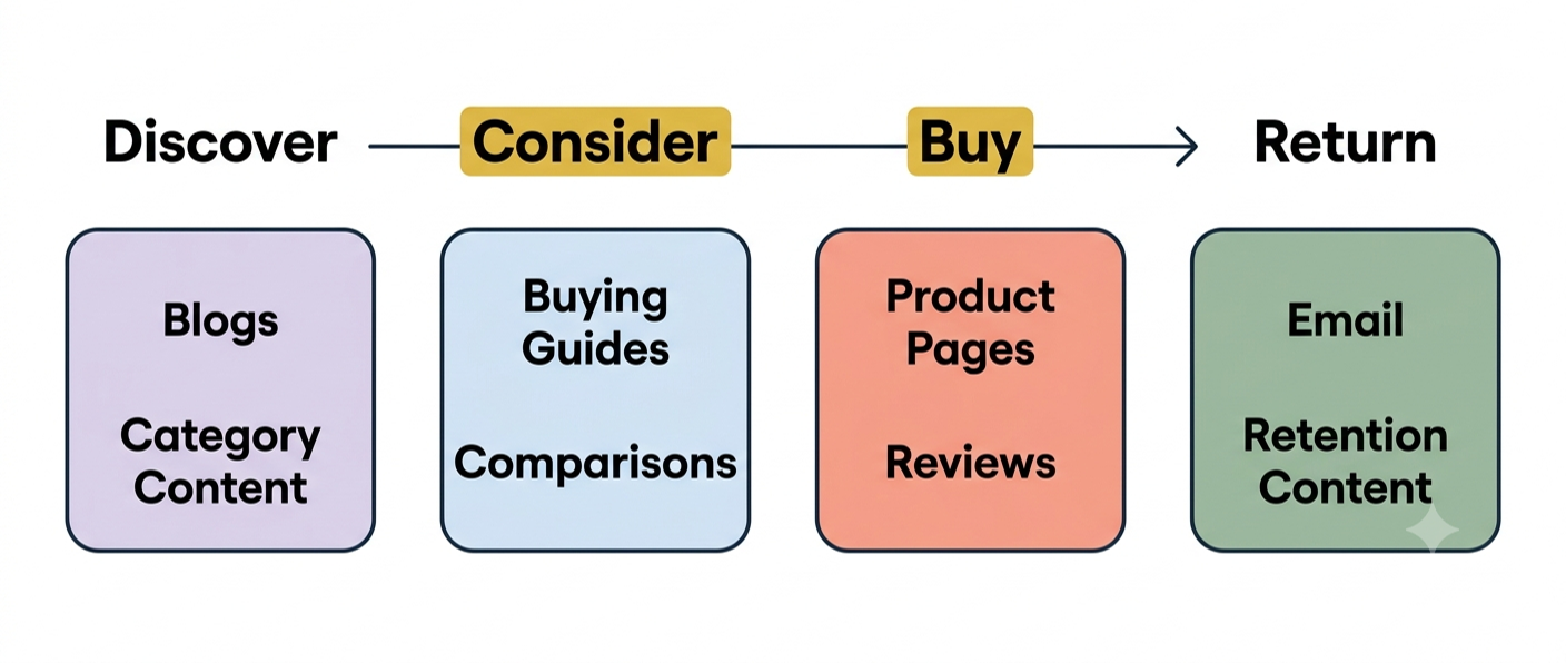 Illustration showing ecommerce content types mapped across the buyer journey from discovery to purchase and retention.