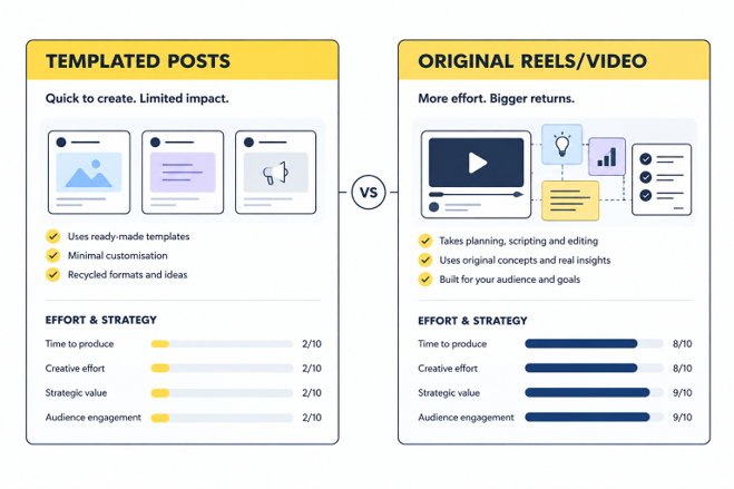 Graphic comparing effort and cost levels between simple templated static posts and strategy-driven video reels.
