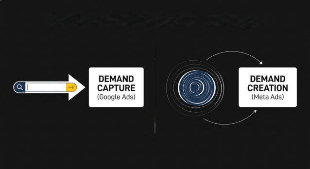 Diagram contrasting Google Ads demand capture with Meta Ads demand creation.