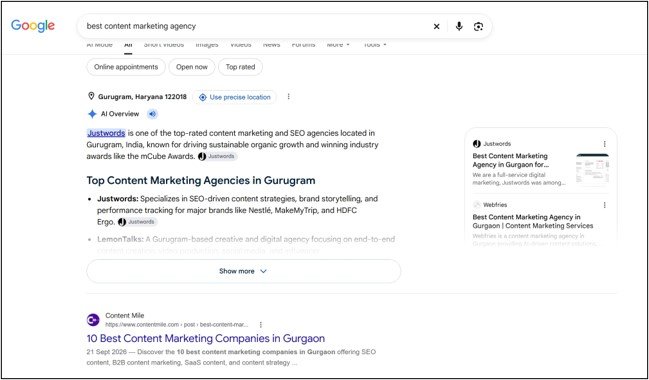 Google AI Overview appearing at the top of search results with an AI-generated answer and links to supporting websites.