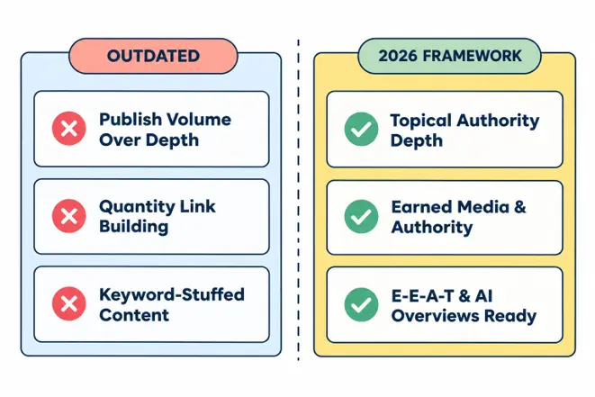2-column comparison showing outdated legacy content tactics alongside Justwords' 2026 AI-ready framework.
